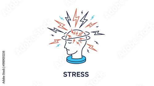 Minimalist conceptual icon representing stress with a human head profile surrounded by energetic lightning bolt symbols on a white background.