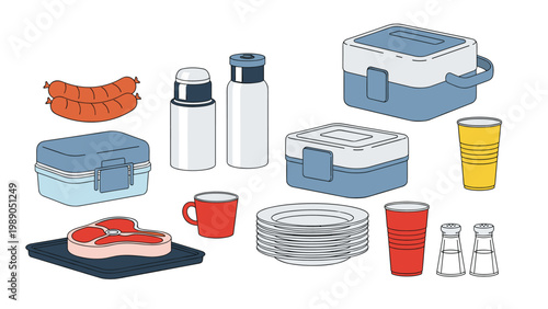 Assortment of picnic essentials including food containers, thermoses, plates, cups, sausages, and a steak in a colorful flat vector style.