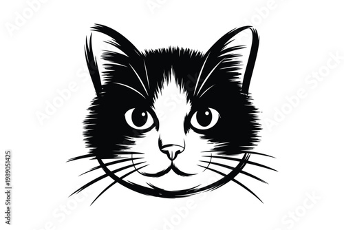 Black and white cat face portrait sketch drawing with whiskers.