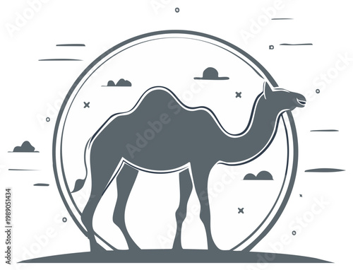 Stylized Camel Silhouette in Circular Emblem Against Desert Sky