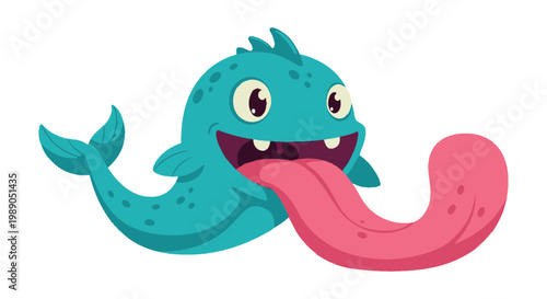 Teal cartoon monster with long tongue.