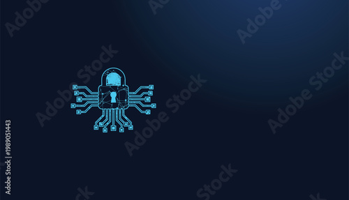Cybersecurity padlock design with circuit board elements, representing digital data protection