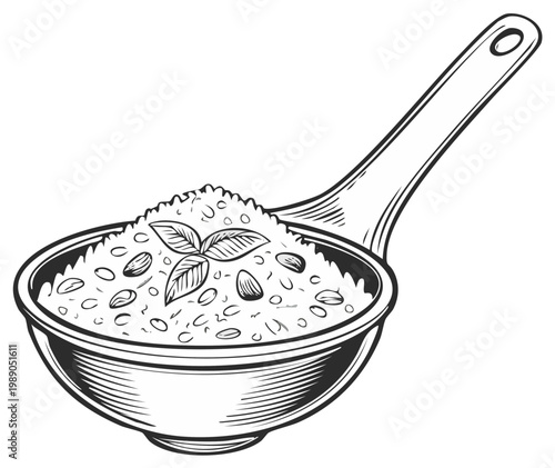 Vintage engraving style drawing of a culinary bowl filled with healthy grains and herbs