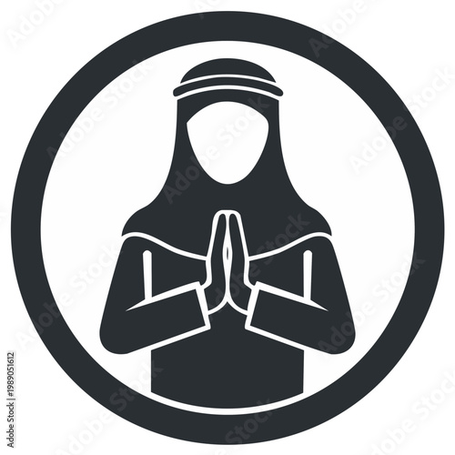 Arabic woman figure praying with hands together inside of a circle