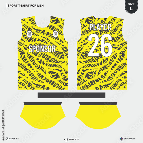 Mens Sports T-Shirt Sublimation Jersey Print Template Yellow Black Abstract Grunge Stripe Pattern Front and Back View Size L
