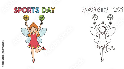 Cute Fairy Girl Celebrating Sports Day with Signs - Colored and Line Art Coloring Page Illustration for Kids