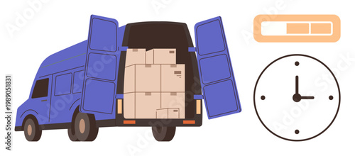 Delivery tracking, logistics coordination, time management, shipping services, e-commerce, supply chain. A van with boxes, a clock and a progress bar. Delivery tracking and logistics coordination