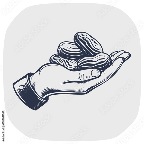 Hand holding a handful of date fruits in a retro woodcut style. Vintage vector illustration for healthy food.