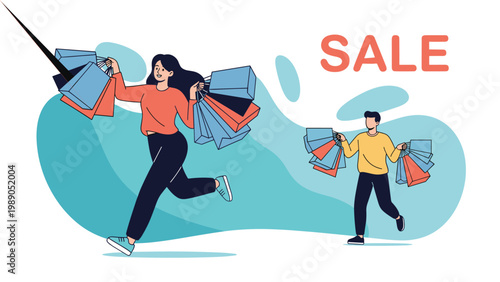 Dynamic illustration of a man and a woman running while carrying many shopping bags during a big promotional sale event.