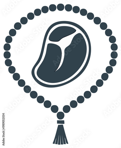 Conceptual flat icon of a beef steak and prayer beads symbolizing Halal meat and Islamic tradition