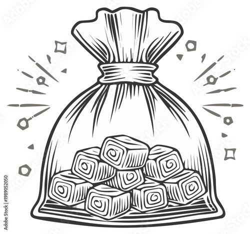 Bag of Swirled Candies or Sweets with Sparkles Illustration Line Art