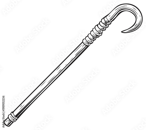 Vintage shepherd's staff illustration, classic antique walking stick, isolated on white