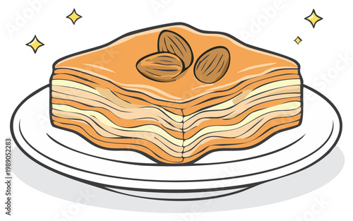 Sweet layered pastry with nuts on a plate isolated on white background sparkling