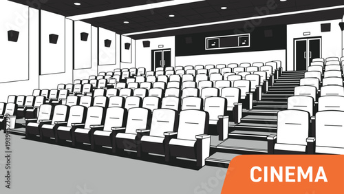 Detailed black and white architectural illustration of an empty cinema auditorium with rows of seating and a screen area.