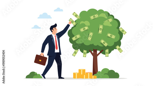Successful businessman picking dollar bills from a lush green money tree representing financial growth and investment success.