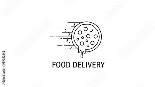 Minimalist line art icon of a pepperoni pizza slice moving at high speed for a fast and reliable food delivery service logo.