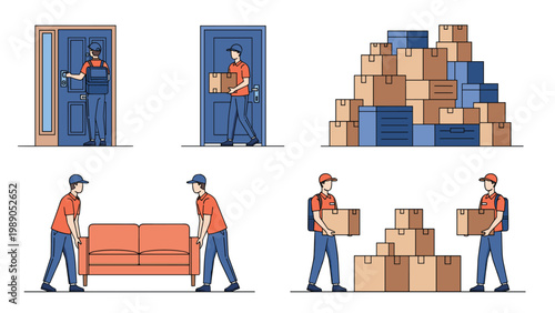 Multi part illustration showing professional movers and delivery staff handling cardboard boxes and a sofa in various scenes.