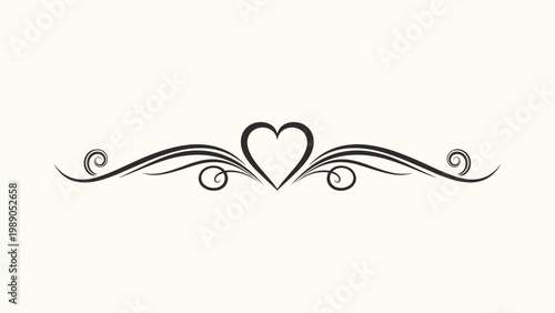 Elegant vintage heart flourish divider in black and white, suitable for romantic wedding invitations and decorative layout designs.