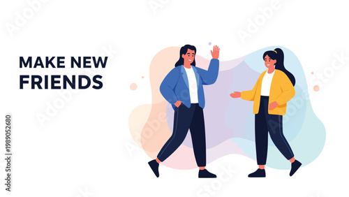 Two young women greeting each other and talking, promoting social interaction, friendship, and meeting new people in a friendly way.