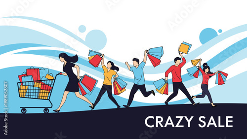 Group of excited people running with shopping bags and a cart during a crazy sale event, portraying consumer frenzy and discounts.