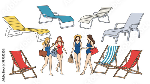 Group of women in swimsuits walking among beach chairs on a sunny day, representing summer vacation and leisure at a luxury resort.
