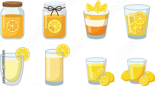 Fresh Lemon Juice and Citrus Drink Collection Set with Glasses, Jar Bottles, and Sliced Lemon Garnish in Flat Vector Illustration Style