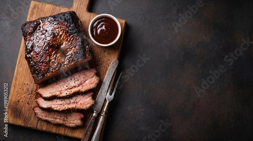 Traditional smoked wagyu beef brisket whole and sliced on rustic cutting board