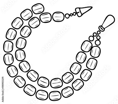 Simple Hand Drawn Line Art of a Prayer Bead Garland with Tassel and Gemstone Beads