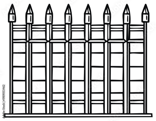 Simplified Fence Illustration with Decorative Finials in Black and White Line Art Style