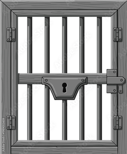 Gray metal gate with vertical bars and latch on white background