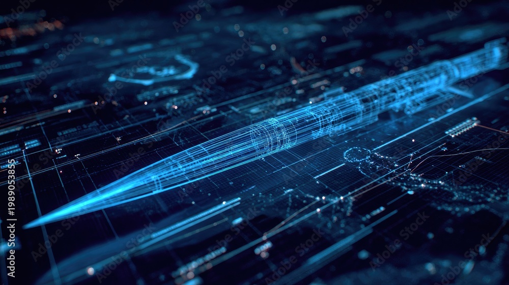 Fototapeta premium Digital schematic rendering of a streamlined projectile hovers over complex electronic pathways