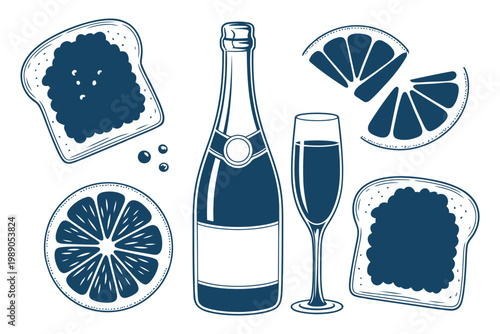 Champagne bottle with glass toast and orange slices for celebration.