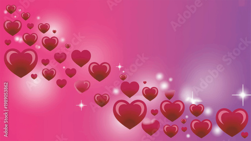 A diagonal arrangement of glossy red hearts with white highlights on a vibrant pink and purple gradient background, decorated with glowing bokeh light orbs and sharp four-pointed star sparkles