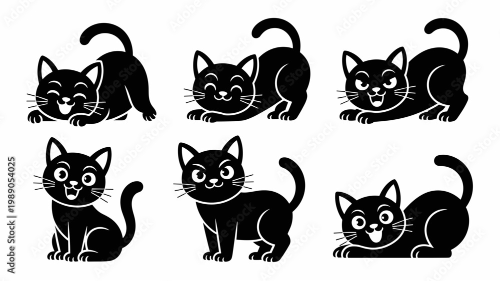 Obraz premium Cute Black Cat Expressions Line Art Set Playful Kitty Emotions Collection