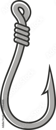 Minimalist black fishing hook with rope isolated on white background, vector illustration for fishing, security, or success concepts