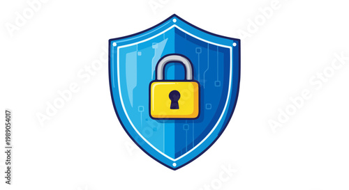 flat vector shield icon with golden lock symbolizing cybersecurity and data protection