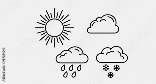 Weather Icons Representing Sun Rain Snow and Clouds.