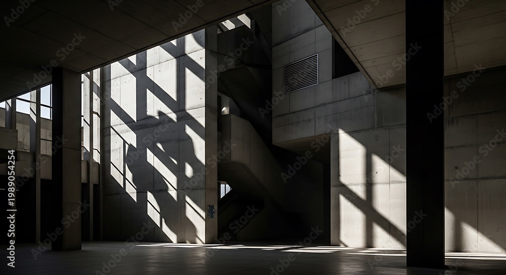 Obraz premium Harsh sunlight streams into a modern concrete building casting geometric shadows across the interior