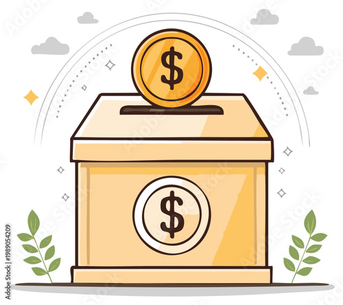Donation box with dollar coin dropping, illustration concept