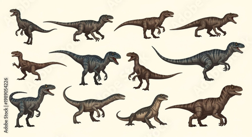 Collection of Velociraptor Dinosaurs in Various Poses.