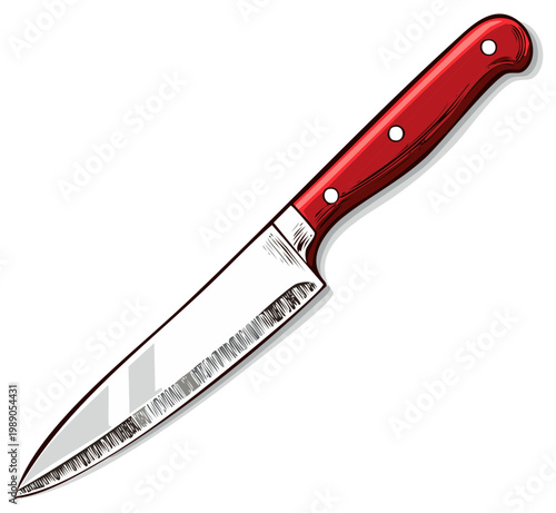 Sharp stainless steel kitchen knife with a red handle for food preparation