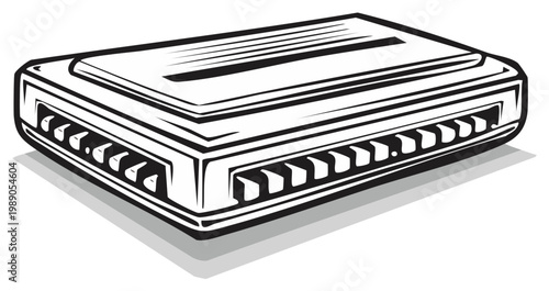 Close up illustration of a metal harmonica with clean lines and a shadow