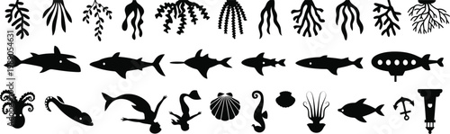 Black silhouette collection of marine life and octopus
