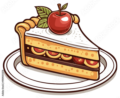 Slice of Homemade Apple Pie with Crust and Red Apple Topping on Plate, Appetizing Sweet Food