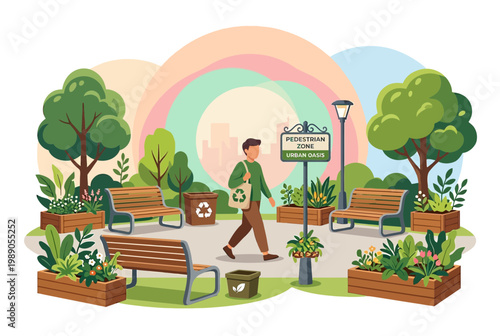 Eco Friendly Urban Oasis Pedestrian Zone with Man Walking in Park