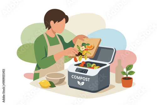 Person Putting Food Scraps into Modern Electric Home Compost Machine