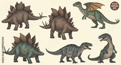 Collection of diverse prehistoric dinosaurs and mythical creatures.