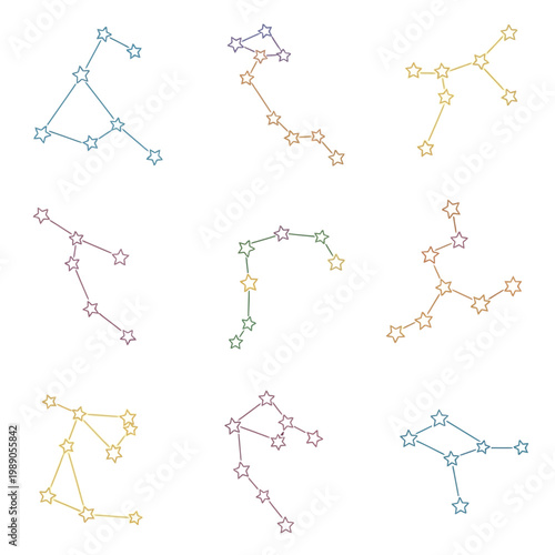 Zodiac Constellations Collection: Colorful Star Patterns on White Background