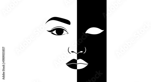 Abstract divided face illustration in black and white with minimalist design