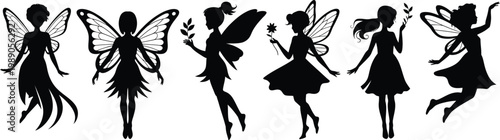 Six black silhouette fairies with wings in various poses